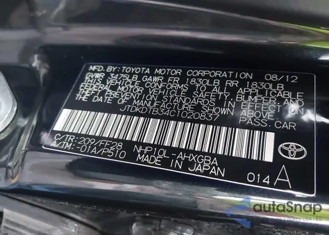 2012 Toyota Prius C Three z USA, uszkodzony, nr VIN JTDKDTB34C1020837